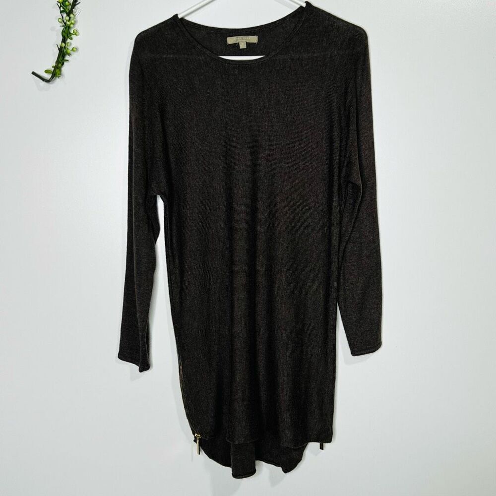 Joan Vass Taupe Brown Tunic Cashmere Blend Sweater Gold Side Zippers